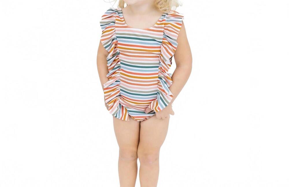 NEW EMERSON AND FRIENDS girl's sunset stripe ruffle front one piece in multi